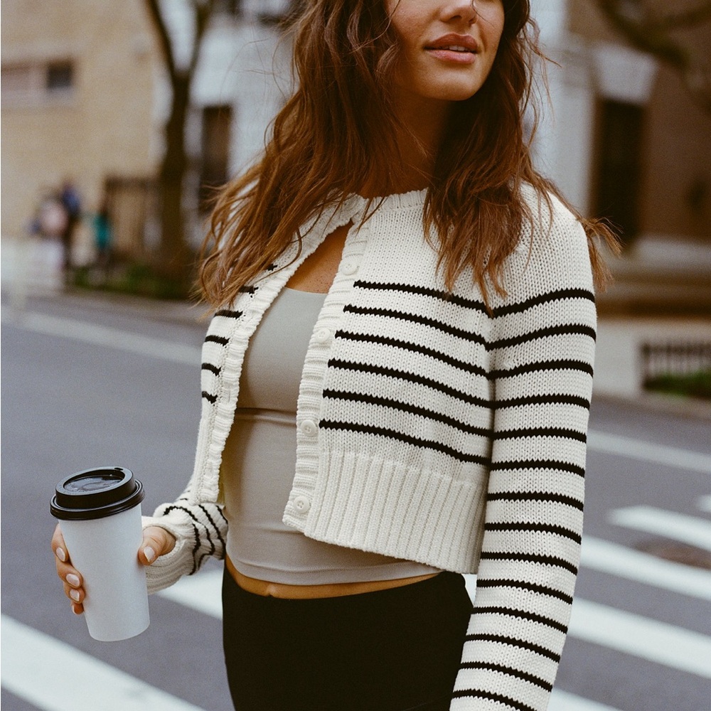 Aerie Offline cream ivory white black striped cardigan sweater NWT medium